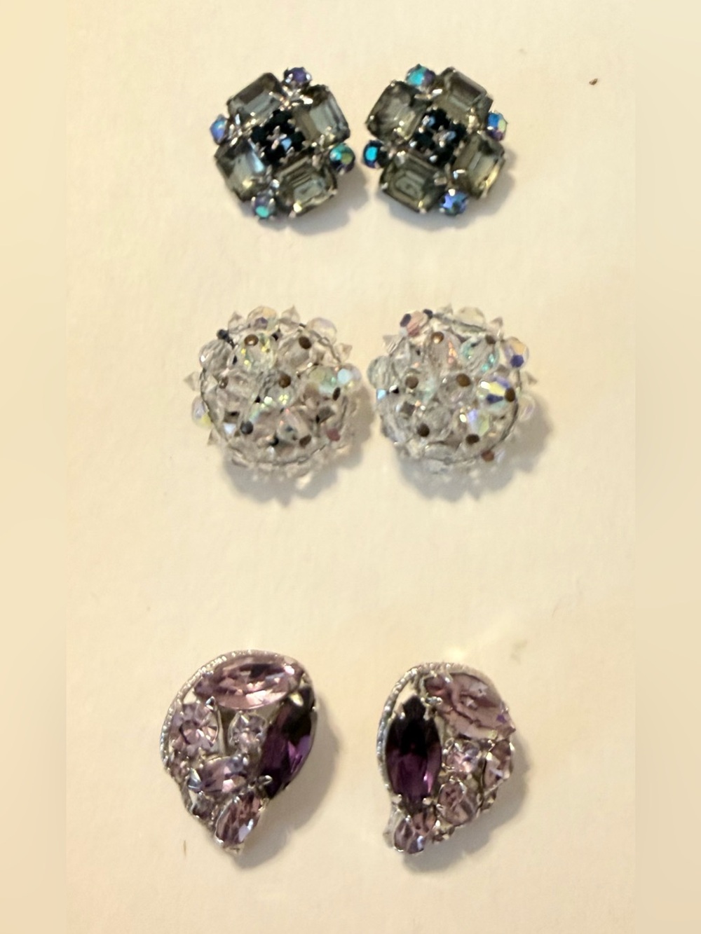 Crystal Cluster Clip-On Earrings Set - Purple, Clear, Silver/Blues